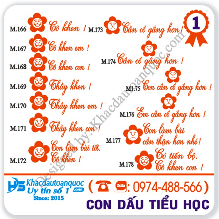 Con dấu tiểu học (cô khen, cần cố gắng) đặt theo mẫu