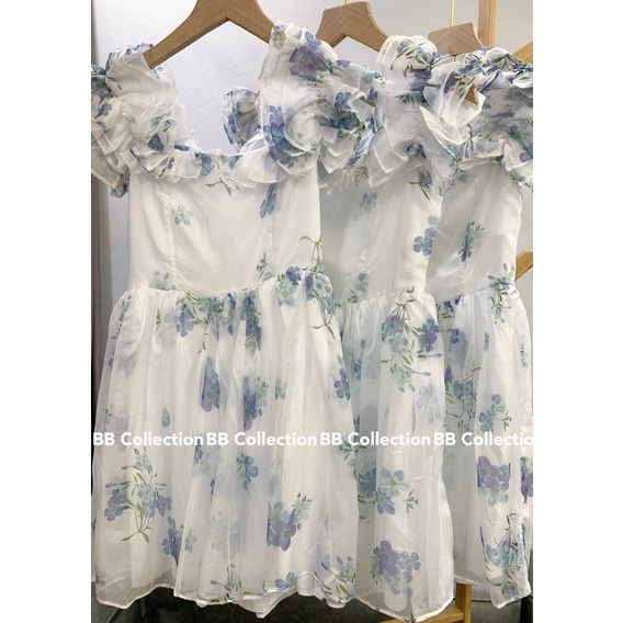 [ Ảnh thật / video ]  Đầm voan hoa xanh trễ vai siêu xinh