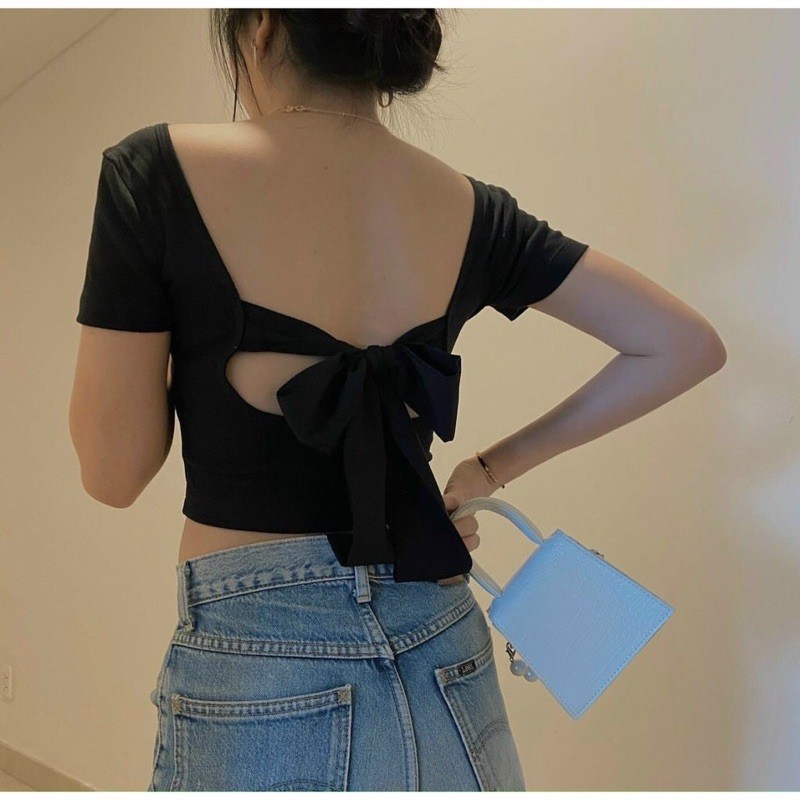 Áo kiểu croptop cổ vuông hở lưng cột nơ xinh , chất thun bozip mềm mịn