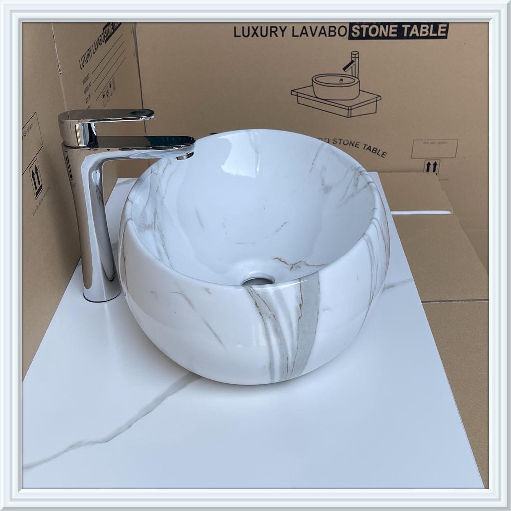 Chậu rửa mặt - Lavabo elip đặt bàn họa tiết vân đá trắng KT 50x31, 40x30cm