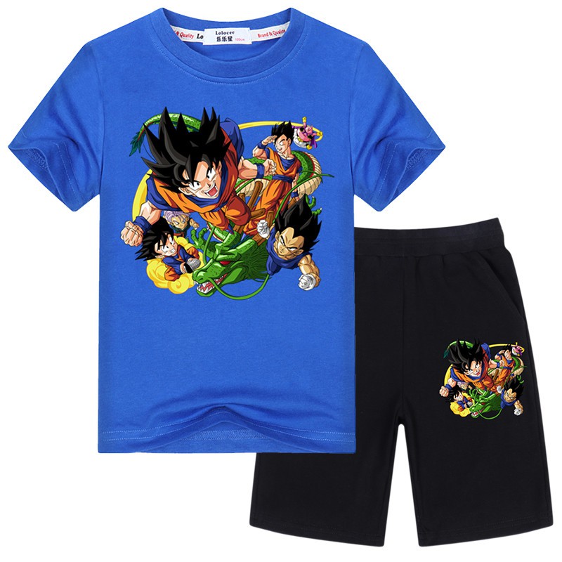 Bộ Áo Thun Ngắn Tay In Hoạt Hình Dragon Ball + Quần Short Cho Bé Trai