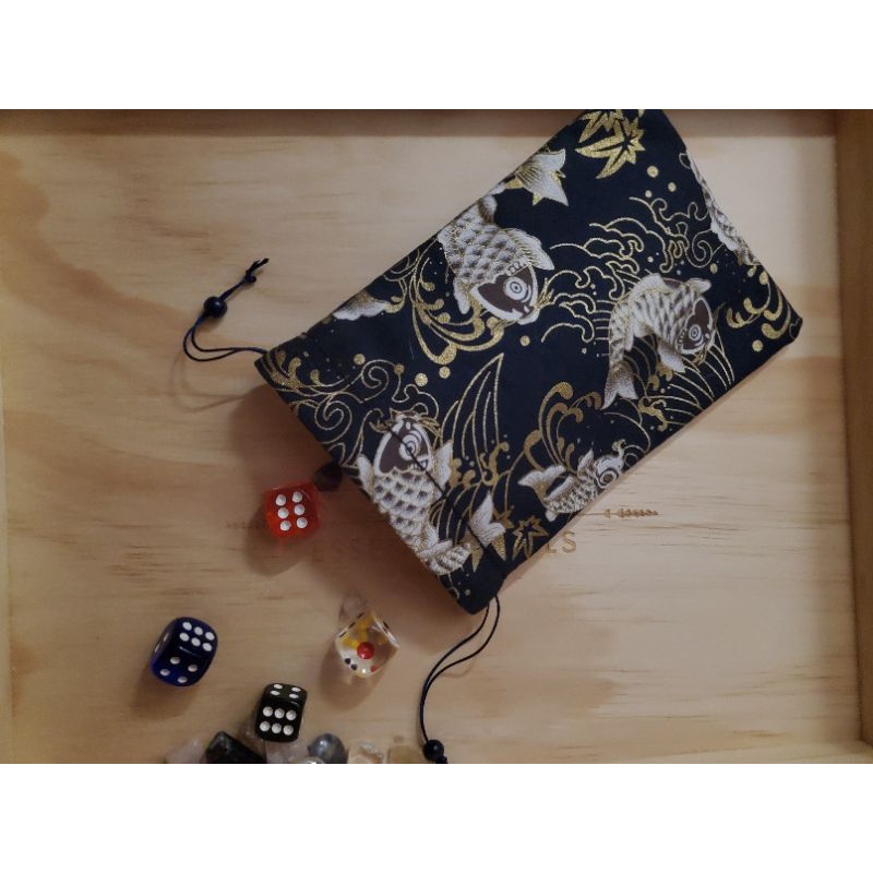 Túi dây rút - Túi đựng bài Tarot/ Vải Thô họa tiết Cá Chép xanh