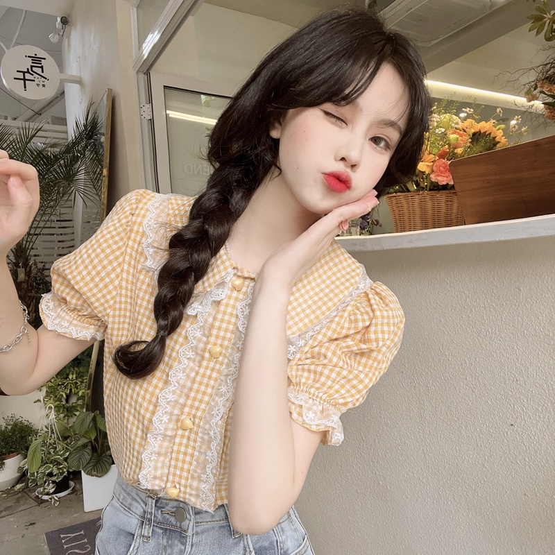 Áo Sơ Mi Tay Ngắn Cổ Búp Bê Họa Tiết Kẻ Ô Dễ Thương Dành Cho Nữ