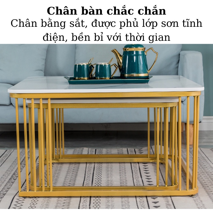 Bàn trà sofa FUNHOUSE mặt đá vân mây cẩm thạch phủ bóng chống xước, chân sắt sơn tĩnh điện cao cấp