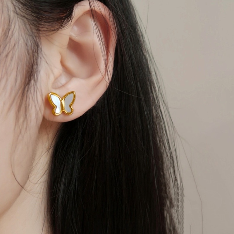 Bông tai titan không gỉ mạ vàng 18k hoa tai titan hình bướm ánh kim sa lấp lánh xinh xắn trang sức nữ
