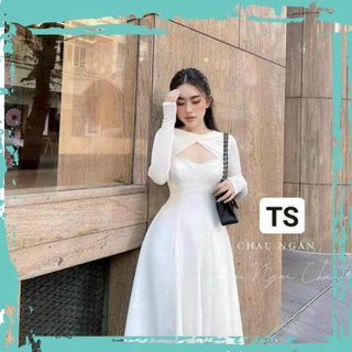 Váy thiết kế hở dáng suông ngực sexy, váy thiết kế dài tay quyến rũ hàn quốc