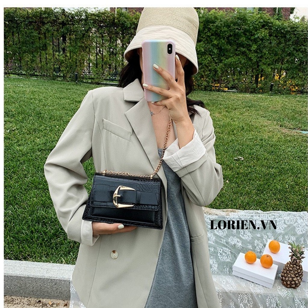 Túi xách nữ thời trang LORIEN - Túi đeo chéo khoá cài ngang size 22 vân da cao cấp style Hàn quốc cực hot | BigBuy360 - bigbuy360.vn