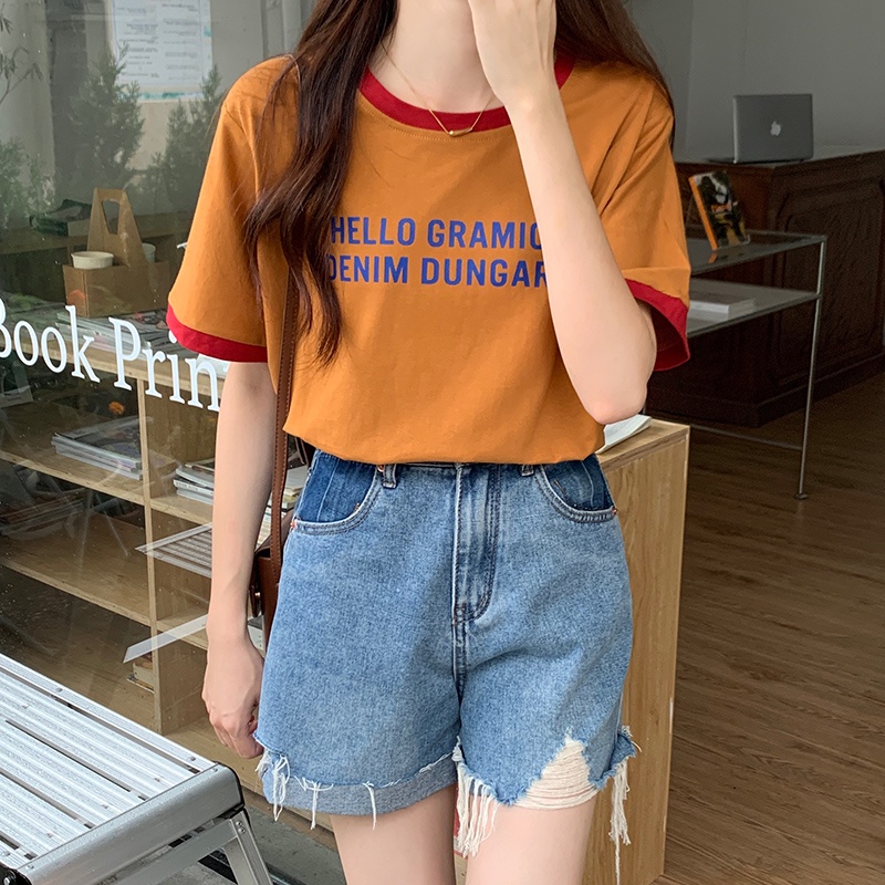 SUXI Áo Thun Ngắn Tay Cổ Tròn In Chữ Đơn Giản Thời Trang Mùa Hè Cho Nữ