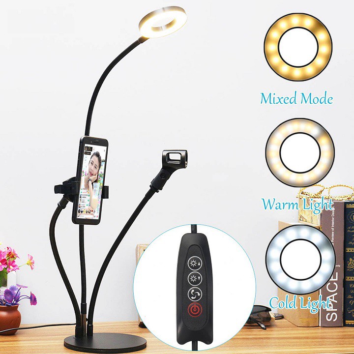 Đèn Đa Năng 3 In 1 Trợ Sáng Cực Tốt Quay Video, Giá Đỡ Điện Thoại, Micro Thu Âm Livestream - Đèn Học Cực Kì Tiện Ích