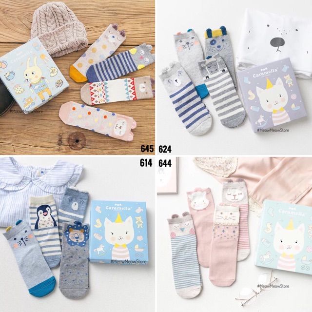 Set 4 đôi tất nữ cao cấp cổ cao hình thú hãng Caramella chất vải cotton co giãn mềm mại