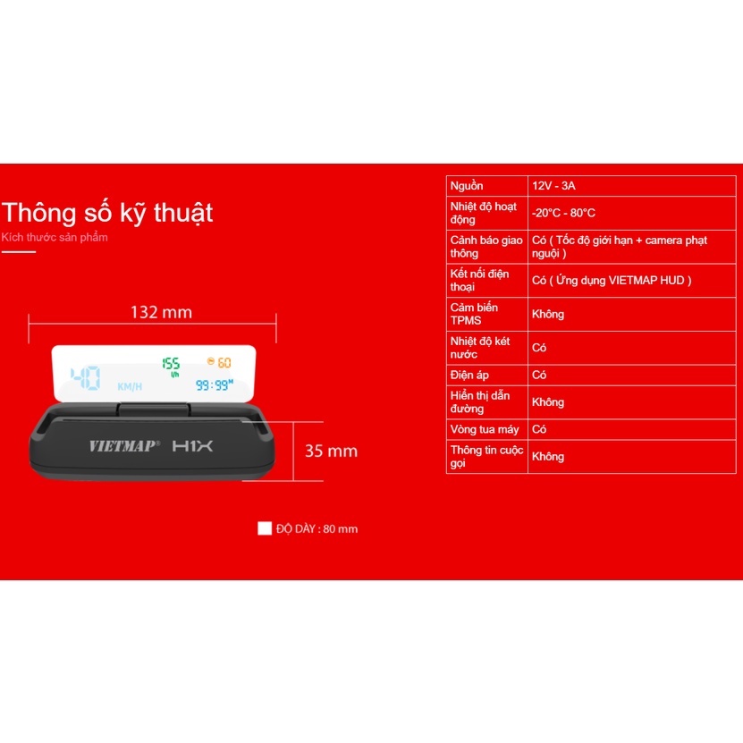 VIETMAP H1X - Màn Hình HUD Hiển Thị Thông Minh (dùng cho xe đời 2017 trở lên)- Hàng Chính hãng