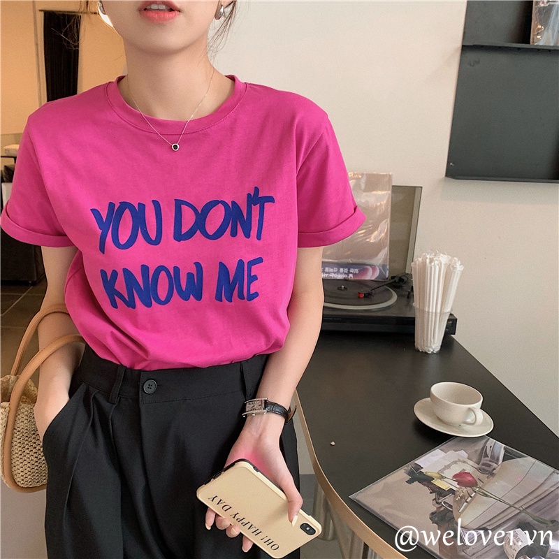 Áo Thun cotton Tay Ngắn Cổ Tròn In Chữ Phong Cách Hàn Quốc Thời Trang Cho Nữ
