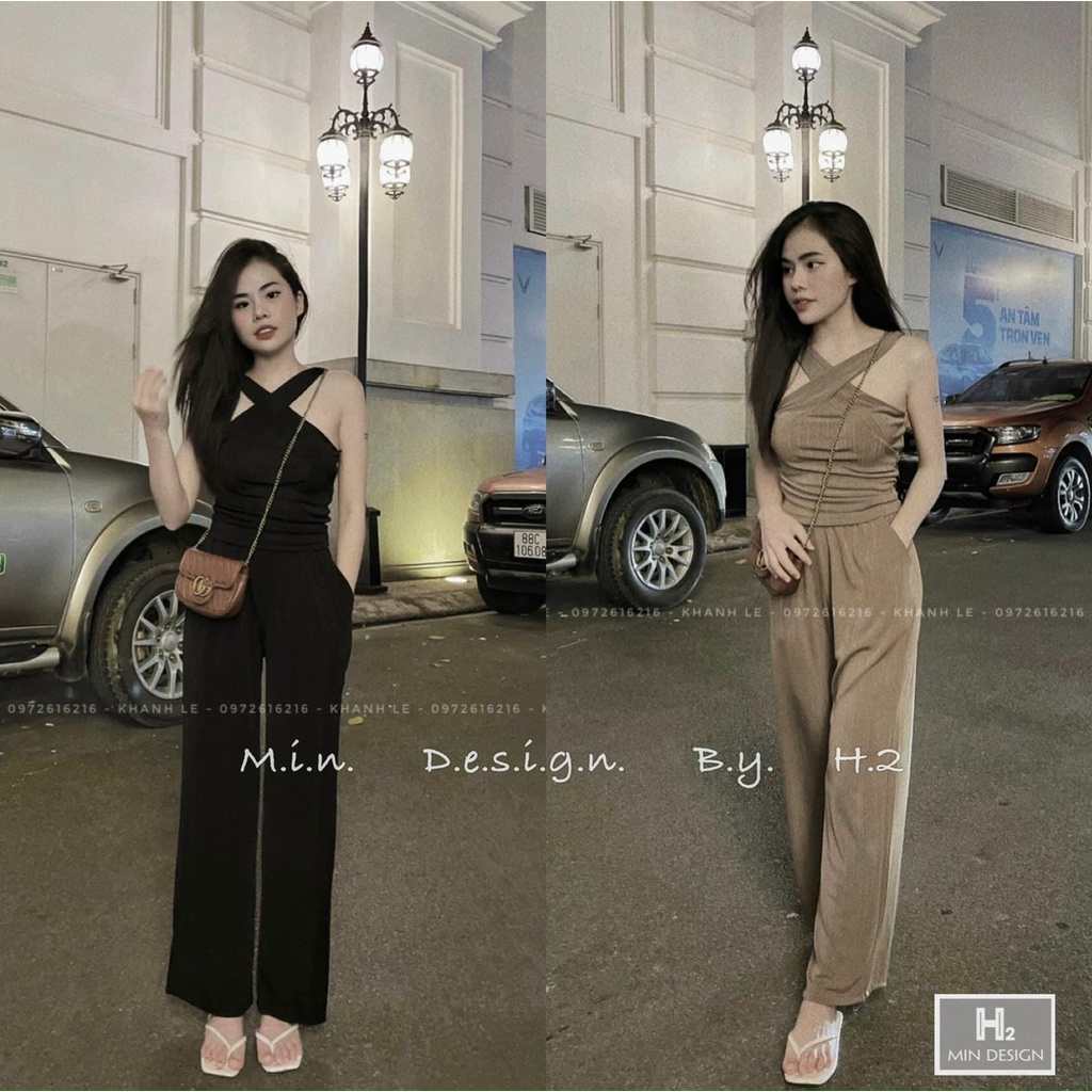 [9.9 Sales Freeship] Set bộ thun gân quần suông phối áo yếm chéo cổ, set bộ quần dài trơn màu đơn giản tôn dáng