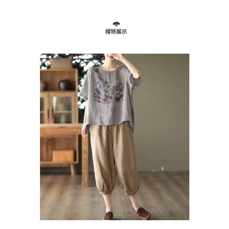 Áo Thun cotton Lanh Mỏng Tay Lửng Dáng Rộng In Mực In Họa Tiết Thời Trang Mùa Hè 2022 Mới
