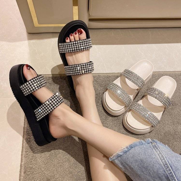 Dép Sandal Đế Dày 5Cm Đính Đá Thời Trang Đi Biển Phong Cách Hàn Quốc Cho Nữ