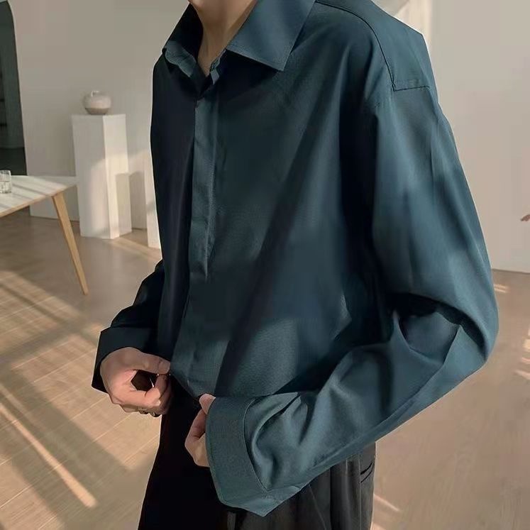 Áo Sơ Mi Trơn Dáng Rộng Thời Trang Hàn Quốc Dành Cho Nam áo sơ mi vintage Sơ Mi Tay Dài Vải Lụa Thời Trang Hàn Quốc Cao Cấp Cho Nam