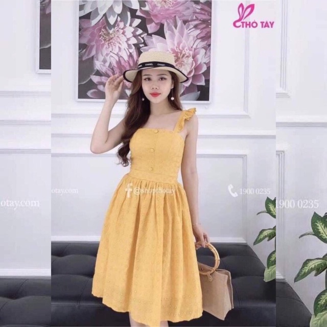 Đầm vàng cánh tiên phối cúc bọc vải HANA84