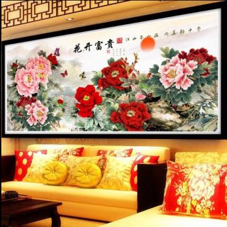 Tranh thêu chữ thập hoa mẫu đơn tuyệt đẹp 195x84cm