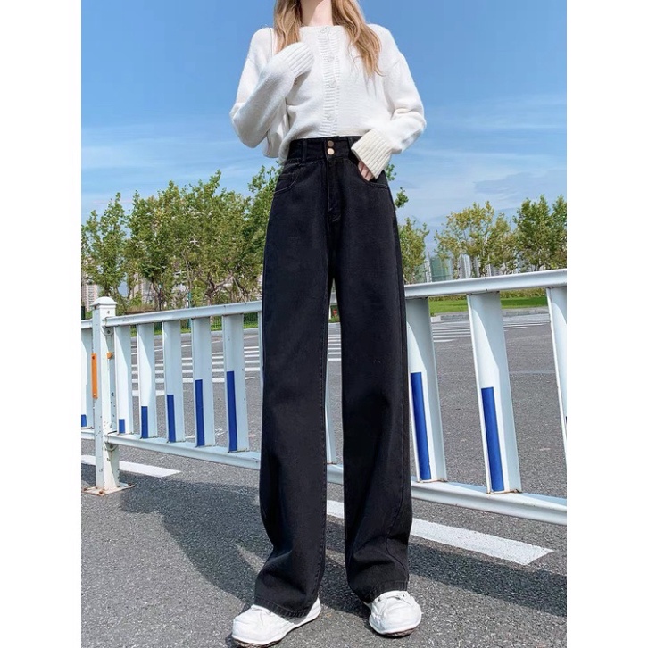 & Quần bò ống rộng nữ TDSHOP, quần jean cạp cao màu xanh đen phong cách hiện đại Q125 &