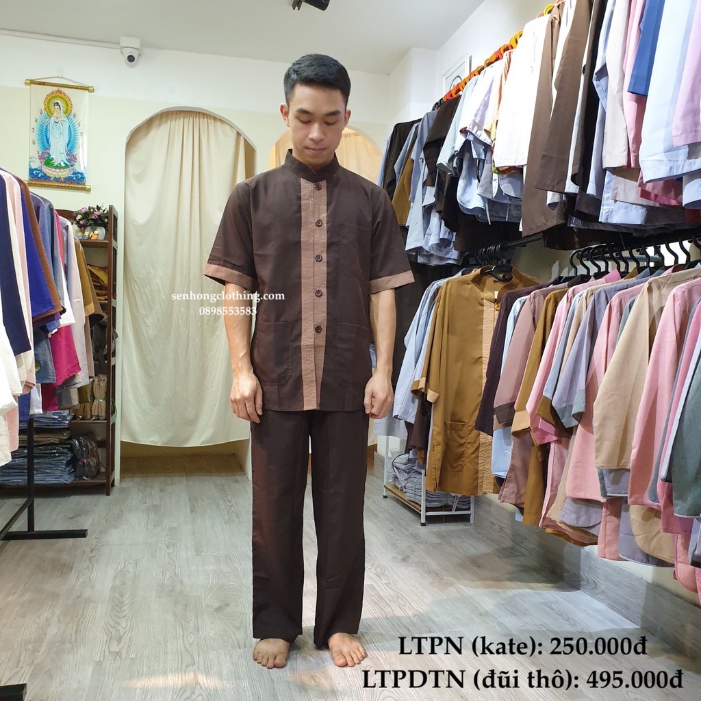ĐỒ PHẬT TỬ NAM - bộ lãnh tụ cư sĩ nam # pháp phục nam tay ngắn cúc nhựa có viền nổi LTP