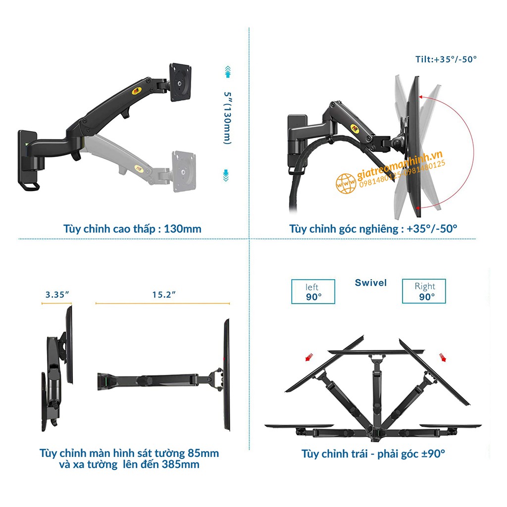 Giá Treo Màn Hình NB-F150 Tương Thích Màn 17 - 34 Inch / Lắp Đặt Treo Tường Tùy Chỉnh Đa Năng - Xoay Màn 360 Độ