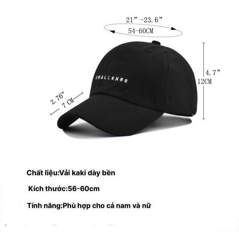 Mũ lưỡi trai HAZIN thêu chữ Challenge unisex phù hợp cho cả nam và nữ nhiều màu