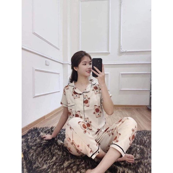 Bộ pyjama kate tay cộc quần dài siêu xinh kèm video ảnh thật