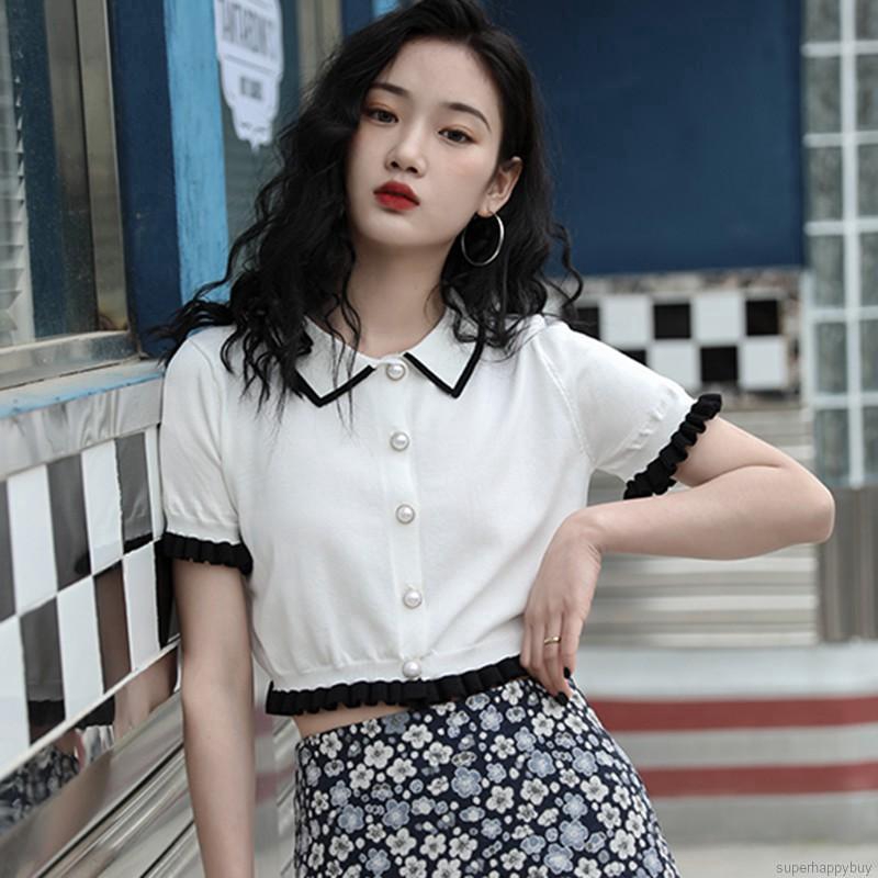 Áo thun tay ngắn có cổ bèo ngọt ngào thời trang cho nữ