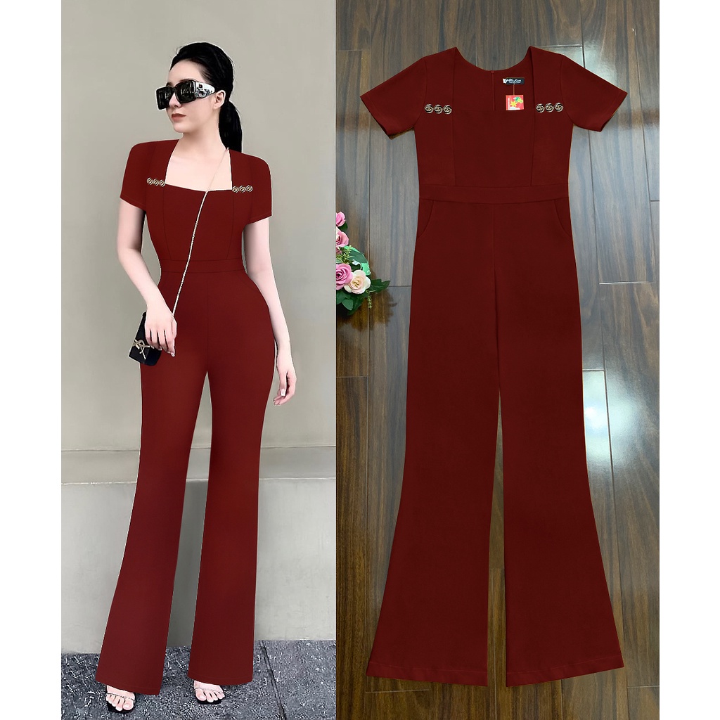 Jumsuit nữ dáng dài 💕FREESHIP💕 Jum dài ống loe dây kéo lưng áo cổ vuông phối nút trước ngực TJ1164