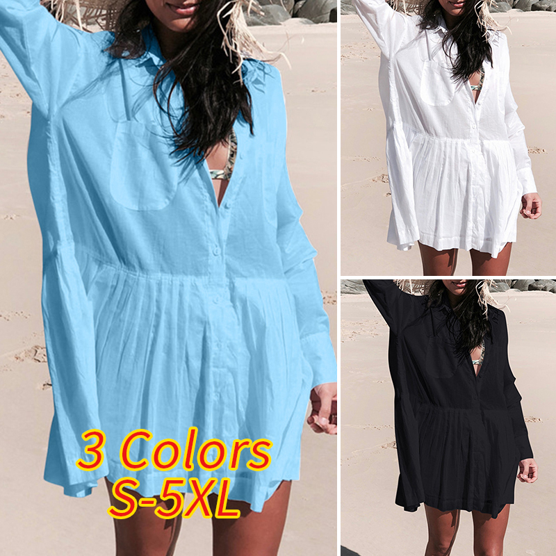 ZANZEA Women's Casual Lapel Full Sleeve Pockets Solid Color Dress