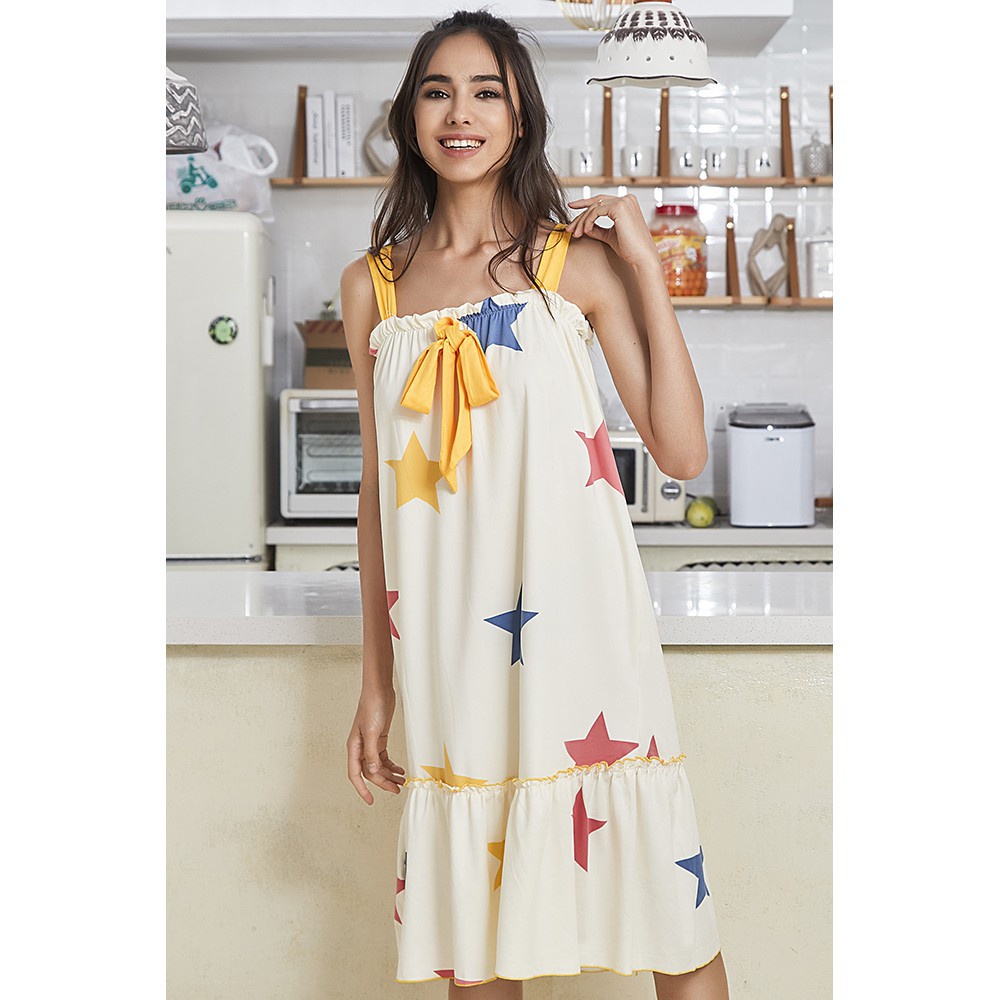 Đồ ngủ Lovito hai dây in họa tiết ngôi sao 5 cánh phối nơ ngọt ngào L02151 (White)