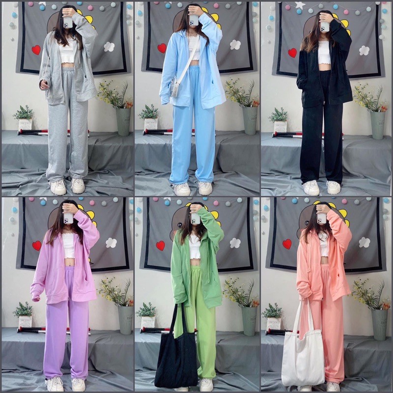 Cả Set 2 Món Hoodie Zip Long Pant Basic Thu Đông Ảnh Thật