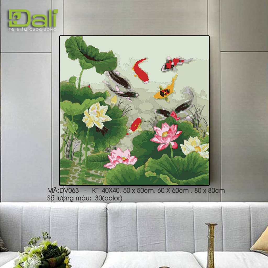 Tranh treo tường tự tô màu số hóa DALI - Tranh phong thủy - Cửu ngư quần hội - DV063