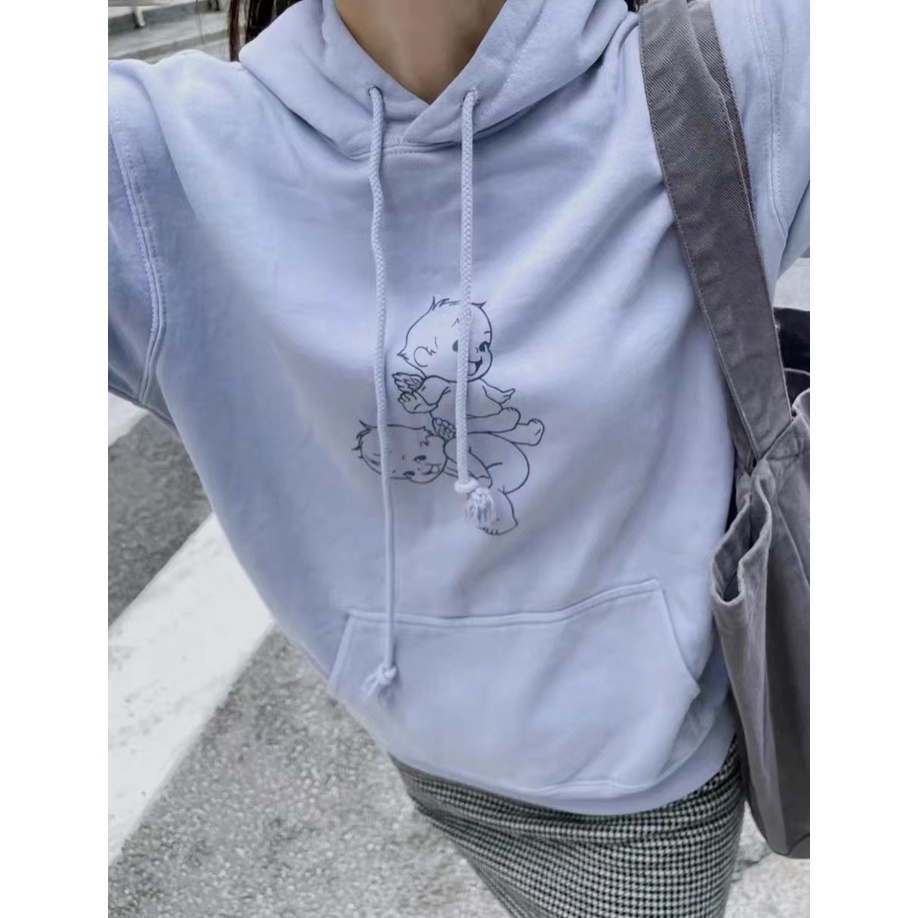 Brandy Melville BM Áo Hoodie Nỉ Chui Đầu Dáng Rộng In Hai Thiên Thần Màu Xanh Dương Lót Lông Cừu Phong Cách