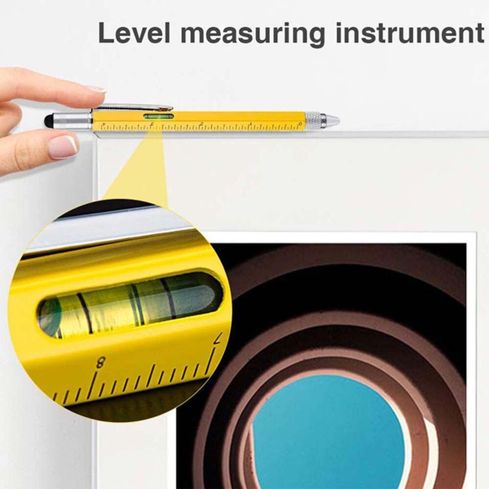Bút bi tua vít 6 trong 1 lưỡi dẹt bắt chéo với thang đo hệ mét kiêm bút cảm ứng bằng nhôm đa năng dành cho điện thoại