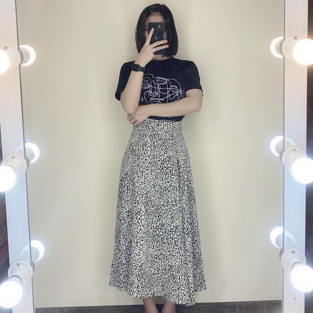 Chân Váy Da Beo Midi, Áo Phông Tay Lỡ Pull Đen