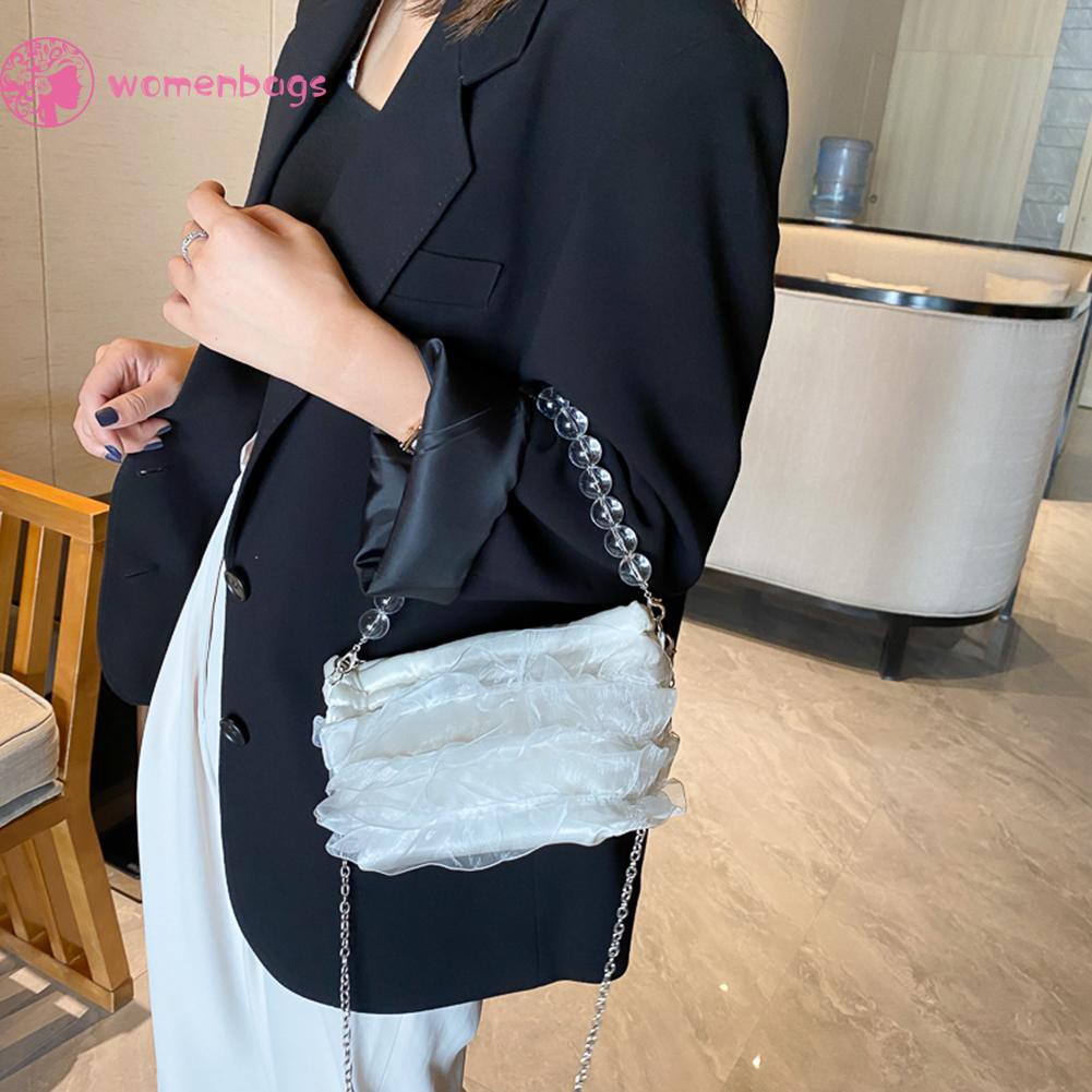 Túi đeo vai/ xách tay lụa satin lưới phối chuỗi dây hạt acrylic thanh lịch thời trang cho nữ | BigBuy360 - bigbuy360.vn