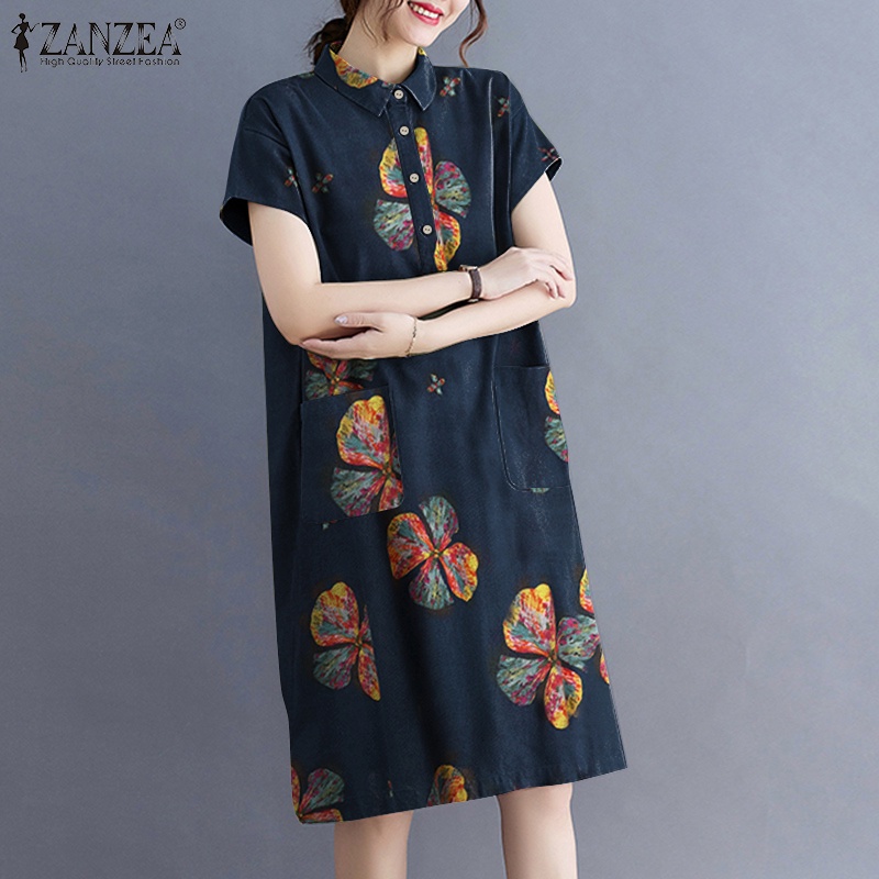 Đầm midi ZANZEA dáng rộng tay ngắn cổ bẻ có hàng nút gài phong cách vintage thời trang cho nữ