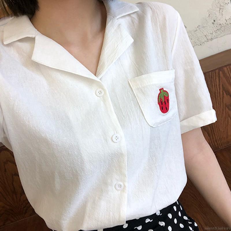 Áo sơ mi kiểu cổ bẻ ngắn tay thêu họa tiết trái cây cho nữ | BigBuy360 - bigbuy360.vn