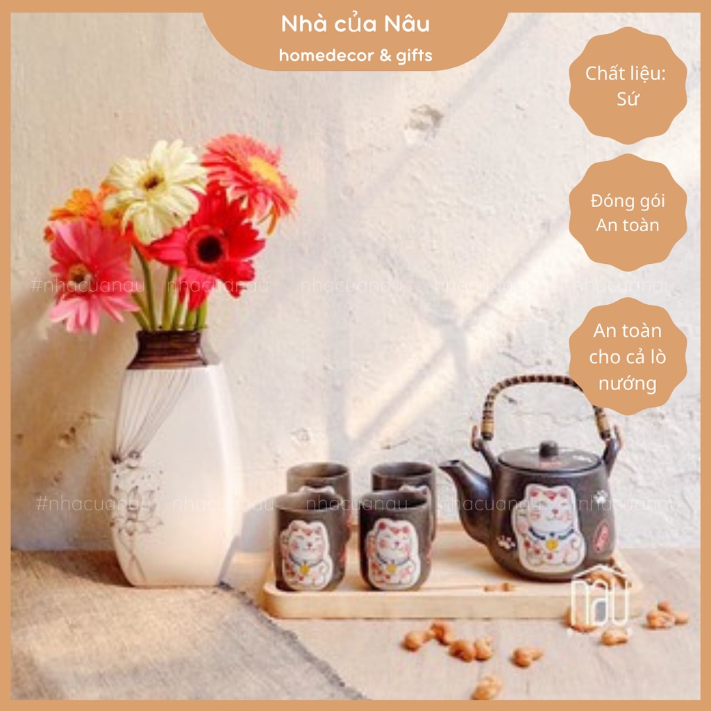 Set ấm chén, bộ bình trà sứ, hoạ tiết Mèo thần tài Maneki Neko độc đáo rất thích hợp tặng biếu, tân gia, sinh nhật