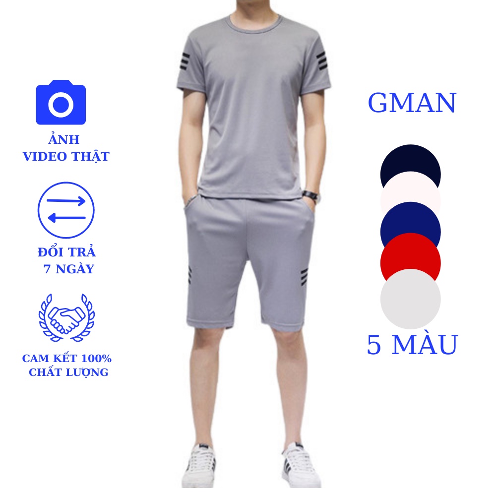 Bộ thể thao nam GMAN, quần áo thể thao 3 sọc chất thun co giãn năng động ngày hè