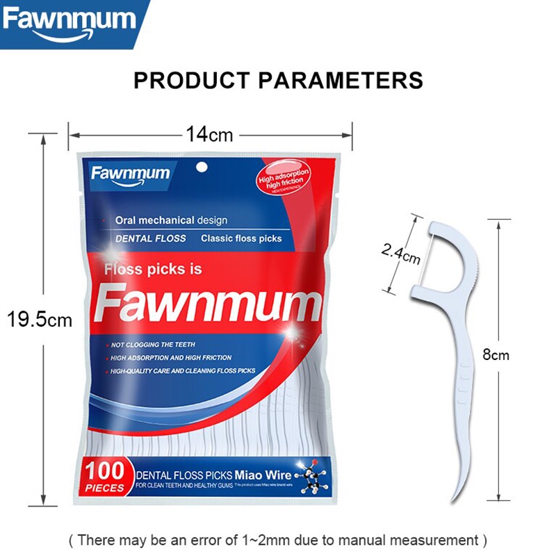 Tăm chỉ nha khoa Fawnmum sợi chỉ dày và căng vừa phải, độ ma sát cao dễ dàng làm sạch mảng bám túi 100 chiếc.