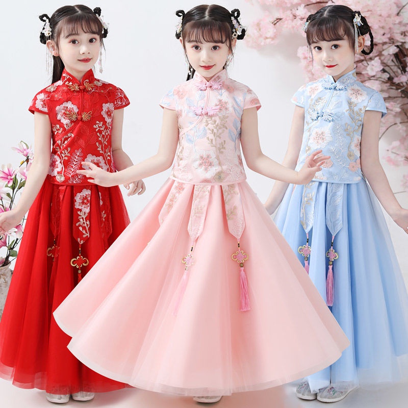 Bộ Đầm Sườn Xám Tay Ngắn Phong Cách Trung Hoa Thời Trang Mùa Hè Xinh Xắn Cho Bé Gái