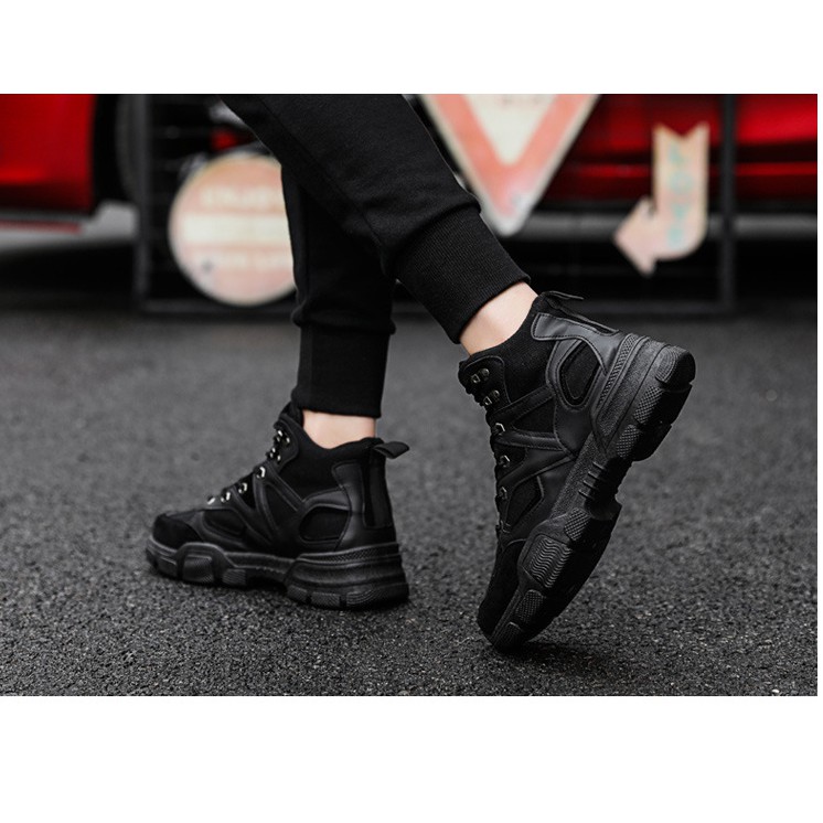 GiàyThể Thao  Nam Giày Sneaker cổ cao mầu đen da lộn đế đúc cao chống trơn kiểu dáng mạnh mẽ hd28
