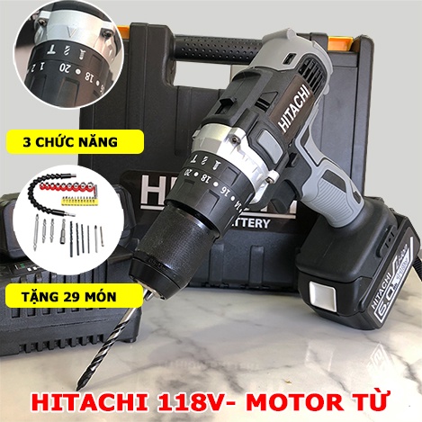 Máy Khoan Pin Hitachi 199V Động Cơ Không Chổi Than 3 Chức Năng, Có Búa, Lõi Đồng, Pin Khủng 10 Cell