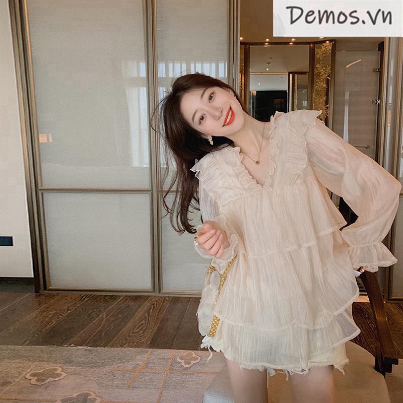 Áo Chiffon Tay Dài Dáng Rộng Xếp Tầng Phong Cách Hàn Quốc Thời Trang Cho Nữ 2021