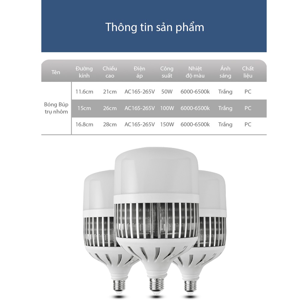 Bóng đèn led búp trụ công suất 50W 100W 150W tiết kiệm điện năng đuôi E27,bầu bóng chất liệu PC tản nhiệt nhanh ánh sáng