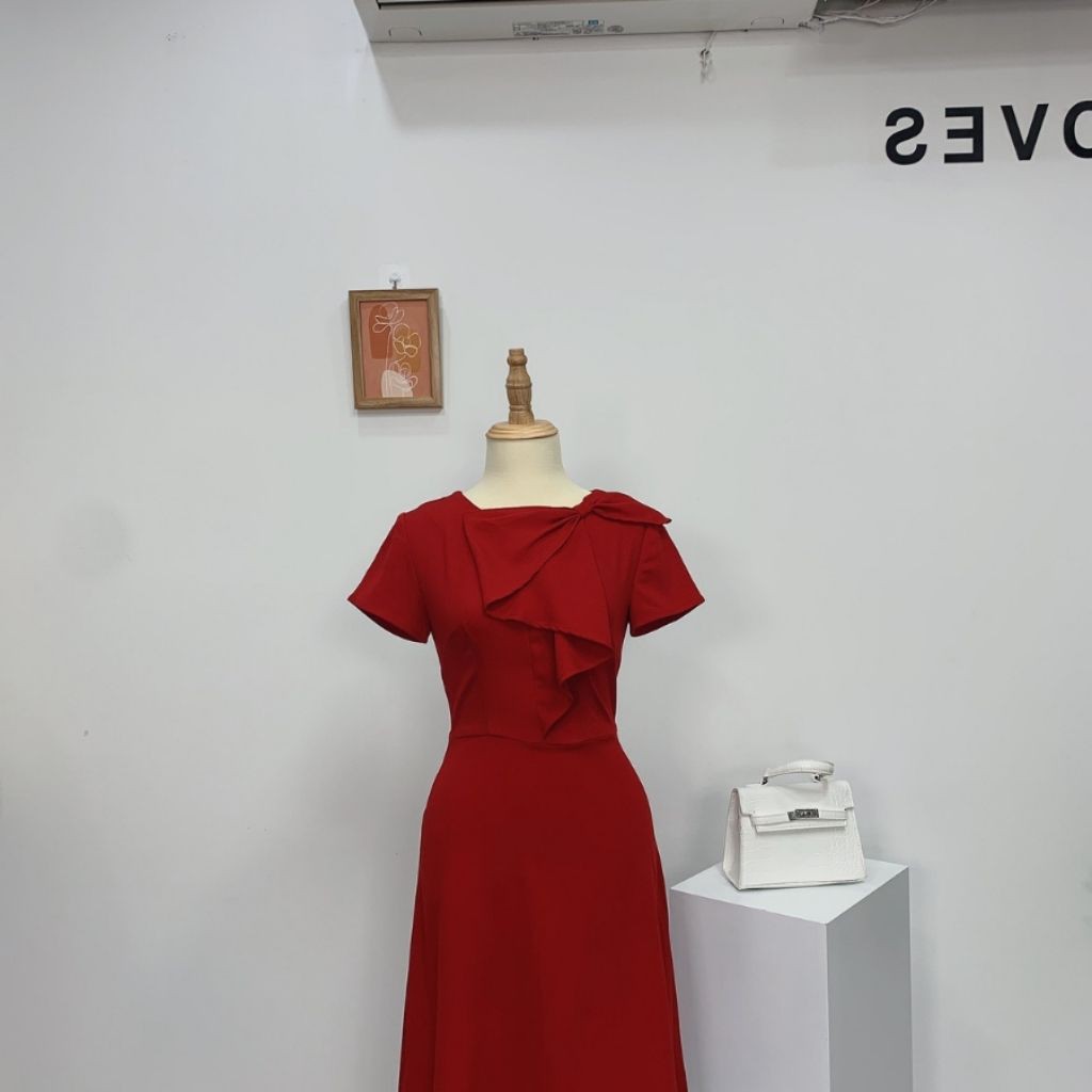 [HÀNG CAO CẤP] Đầm Công Sở Dáng Suông Có Nơ To Trước Ngực - A062 Màu Đỏ Đô
