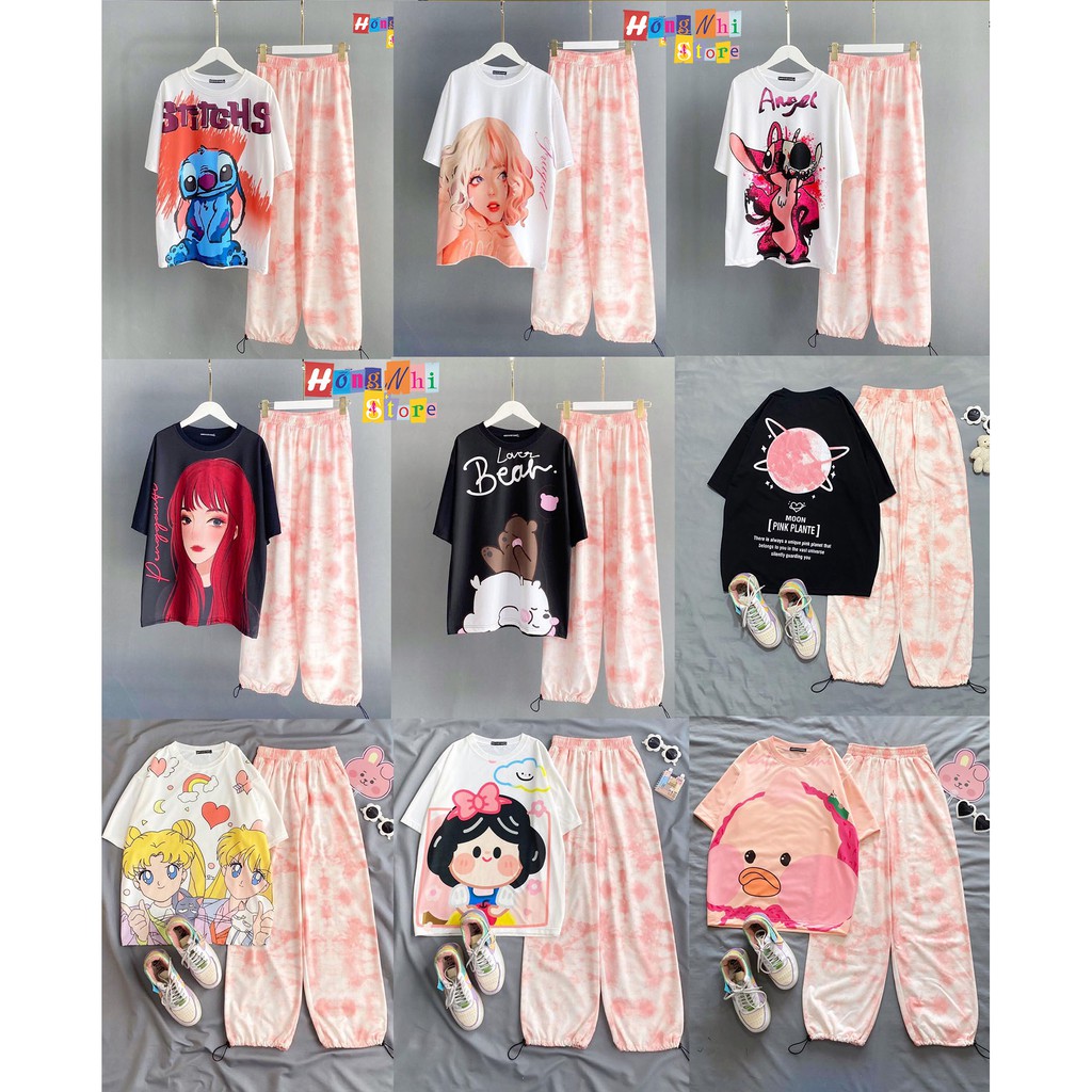 Set Bộ Áo Thun Tay Lỡ In Hình Tie Tee Phối Quần Jogger 3D Dây Rút Ulzzang Unisex Dáng Rộng - MM