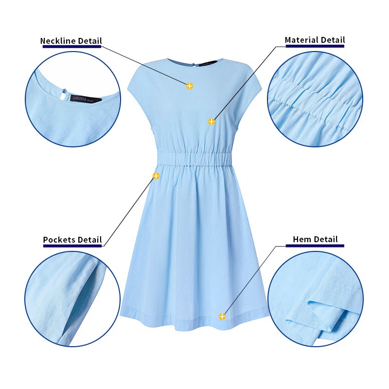 Đầm ZANZEA cotton ngắn tay lưng thun phối túi phong cách châu âu cho nữ